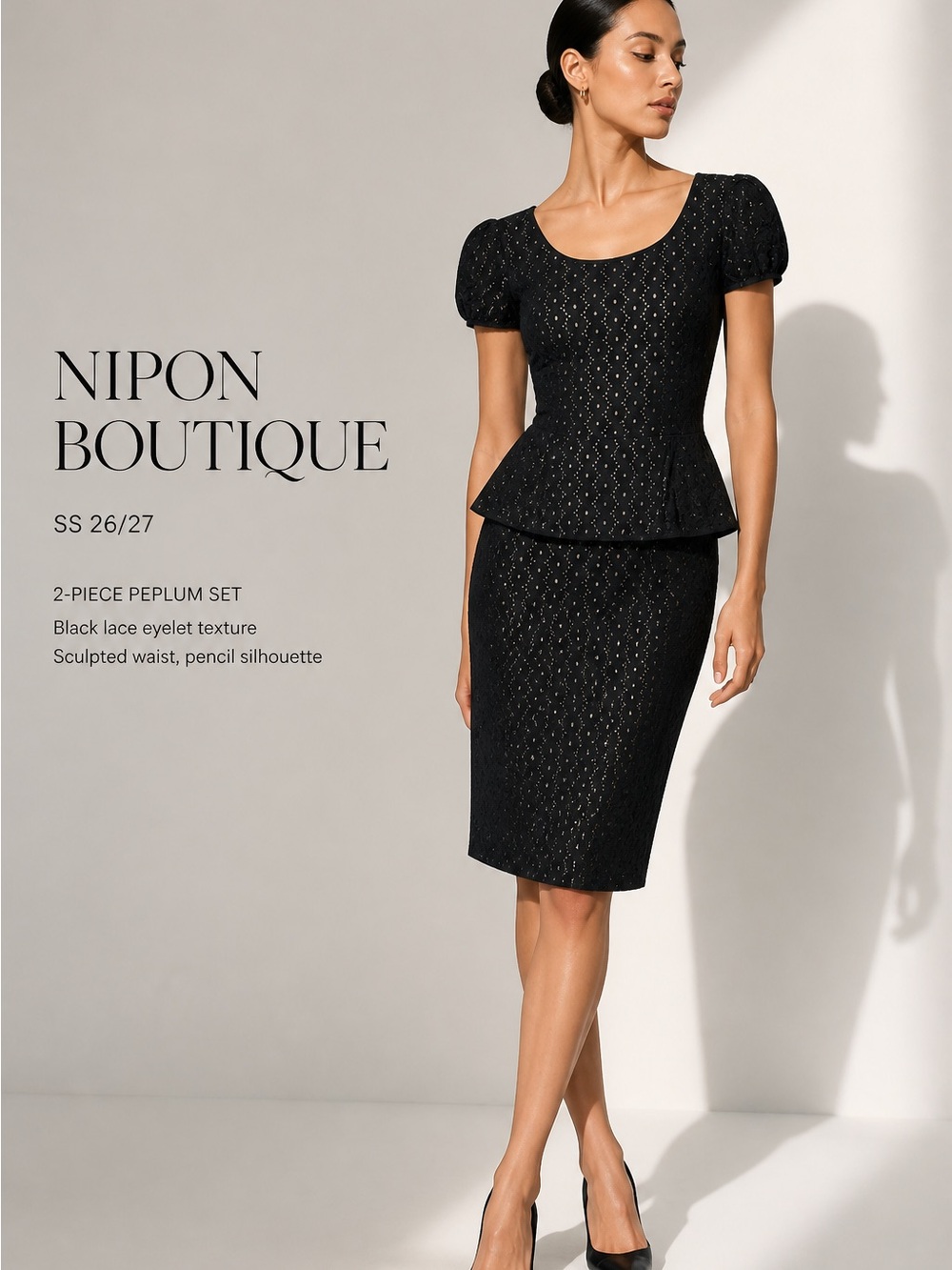 Nipon Boutique Womens Size 6 Black White Eyelet Lace 2pc Peplum Top Skirt Set